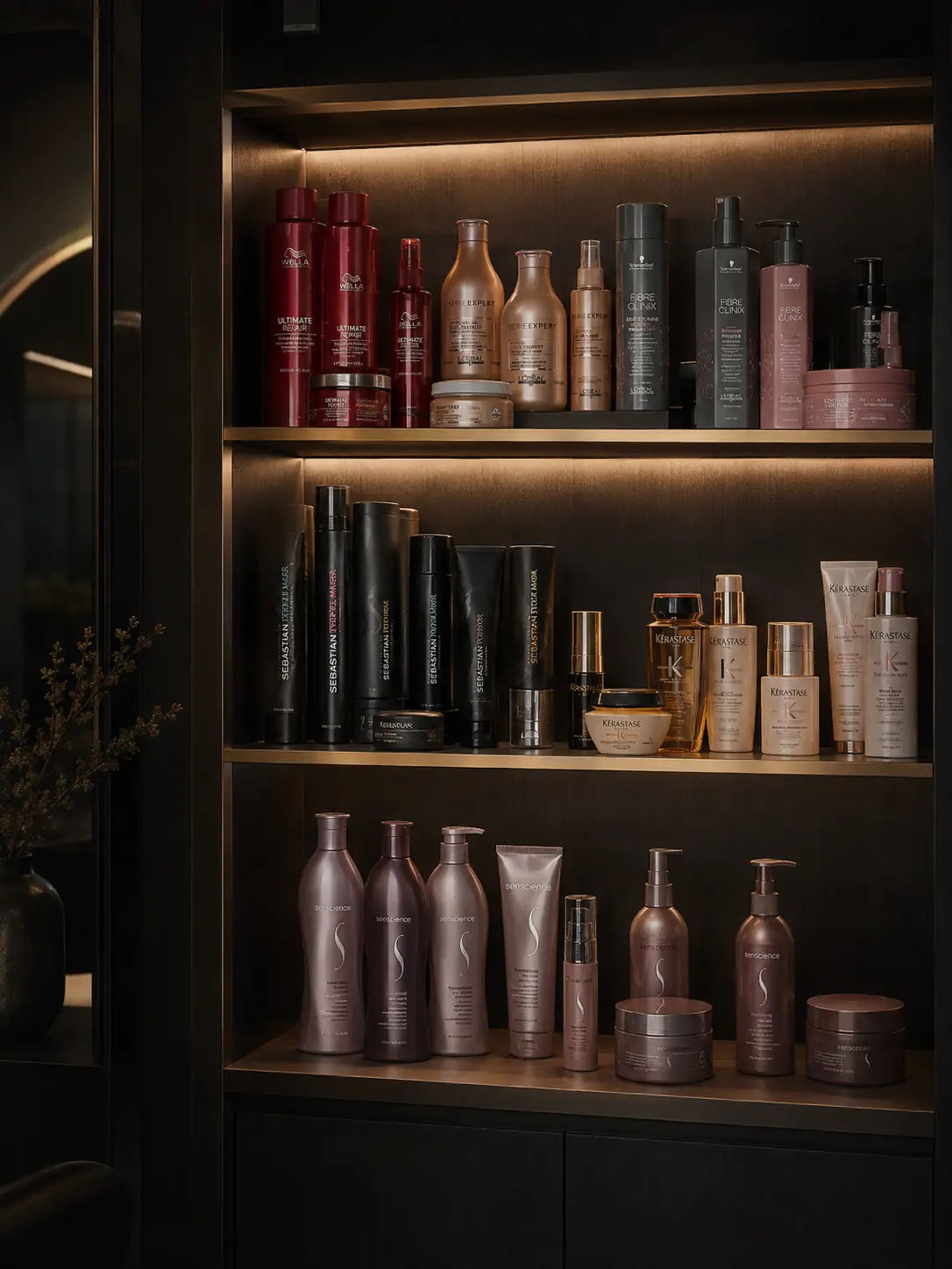 Prateleira com produtos profissionais utilizados pela Sommo Beauty House